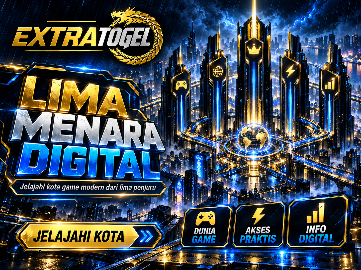 Banner EXTRATOGEL dengan lima menara futuristik hitam, jalur neon biru, dan lampu emas